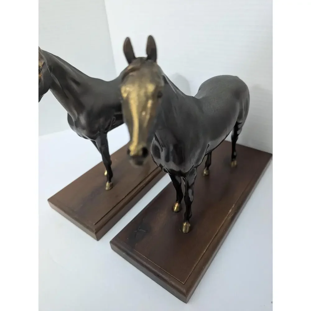 Pair Vintage Metal Horse Bookends Wood Base Equestrian Decor